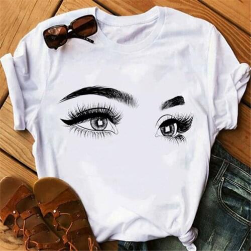 90s Aesthetic Eyelashes Prints Tshirt Women Harajuku Casual Tshirt Female Graphic Funny Kawaii Top Tees Korean Tee Shirts