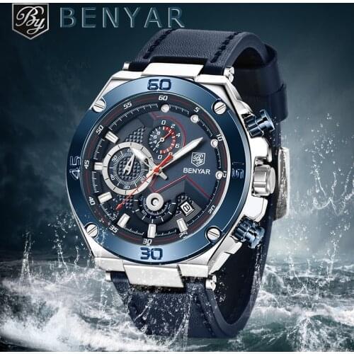 2021 BENYAR Top Brand New Men Quartz Wristwatches 45mm Large Dial Waterproof Chronograph Leather Military Watch for Men reloj