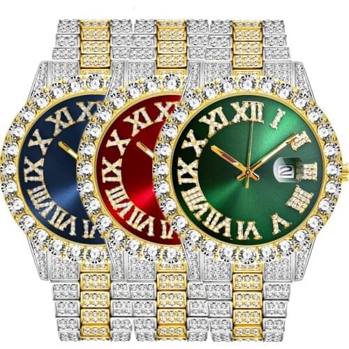 Diamond Watch for Mens Top Brand Luxury Full Iced Out Watch Mens Green Dial Military Hip Hop Quartz Wristwatch Relogio Masculino