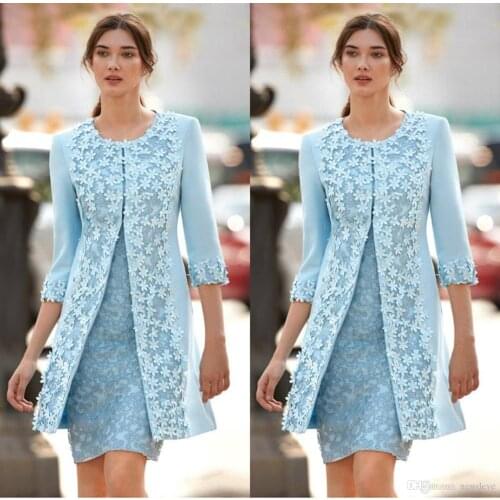 Two Pieces Light Blue Mother Of Bride Dresses 3D Applique Jewel 3/4 Sleeve Knee Length Mother Dress Capped
