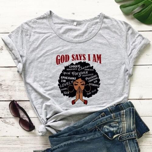 Colored God Says I Am Unique T-shirt Trendy Christian Afro Woman Praying Tshirt Casual Women Inspirational Quote Top Tee