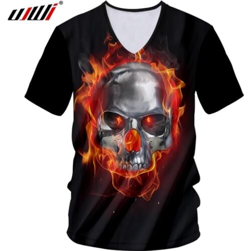 UJWI Mens Hip Hop Red Polyester V Neck Tshirt 3D Printed Creative Flame Skulls Tee Shirt Man T-shirt Streetwear Wholesale