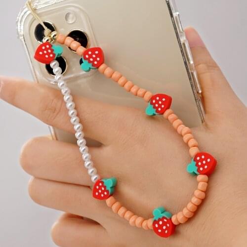 Go2Boho 2021 Phone Chain Bead Straps Charm Mobile Lanyard Cute Strawberry Charms Telephone Jewelry For Women Accessories