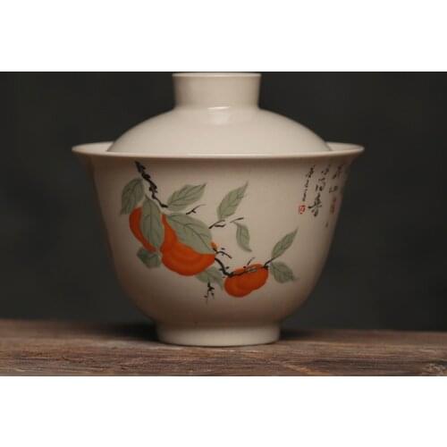 Persimmon Gaiwan For Tea Wood Ash Color 150 ML Ceramic Tureen With Lid Teaware Chinese Painting Style Cup Bowls Chawan Tea Set
