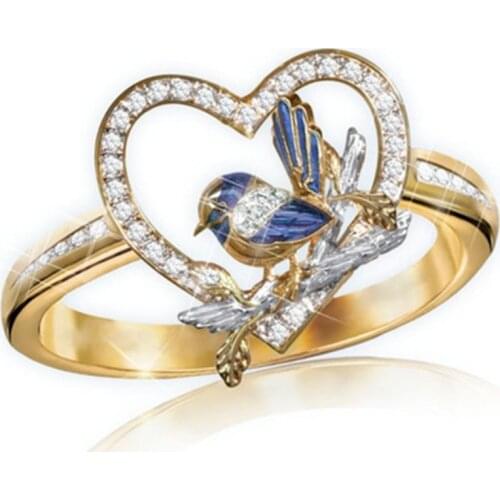 Milangirl Creative Love Heart Lovely Bird Crystal Luxury Rings for Party Women Wedding Engagement Birthday Gift Fashion Jewelry
