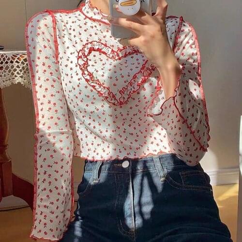 Missnight Floral Shirt Long Sleeve Tshirt Women Ruffles Embroidery Shirts For Women Sweet Vintage Tops Streetwear 2021