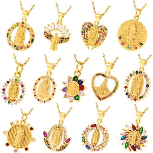 Fashion Gold Copper Virgin Mary Pendant Necklace Mix Colorful CZ For Women Charm Female Religious Jewelry Gift 2021