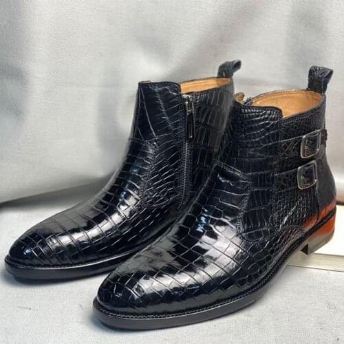 Authentic Exotic Crocodile Belly Skin Mens Winter Chelsea boots Genuine Real Alligator Leather Male High-Lift Black ZIP Shoes