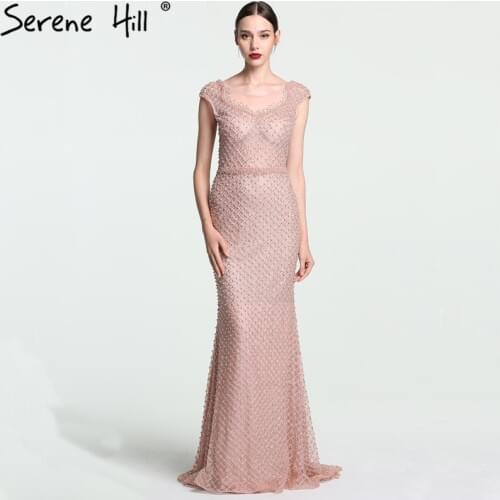 Newest Fashion Elegant Mermaid Evening Dresses Pink Manual Beading Pearls Tulle Evening Gown 2020 Real Photo LA6113