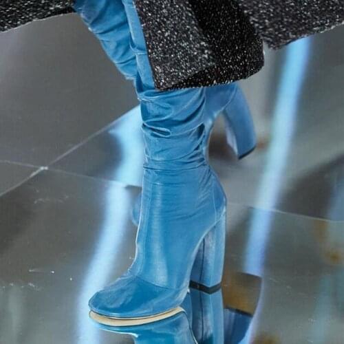 New Arrivals Pleasted Tight High Boots Chunky Heels Square Toe Black Red Black Leather Runway Boots Fashion Popular Dress Shoes