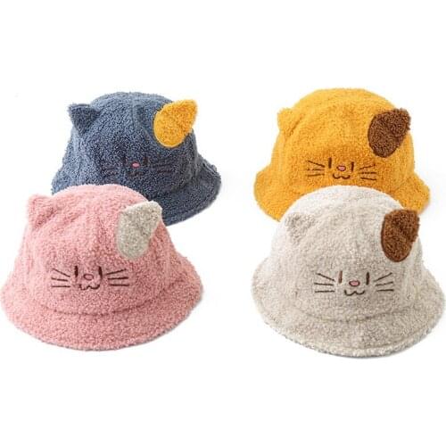Autumn Winter Boys And Girls Cartoon Plush Wool Windproof Basin Hat Warm Baby Fisherman Hat Cute Cat Ear Children Hats