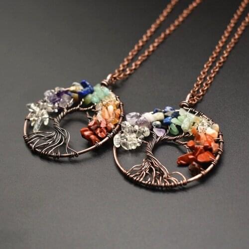 Necklace Natural 7 Chakra Crystal Tree of Life Healing Pendant Handmade Bronze Curved Link Chain Necklace Women Accessories