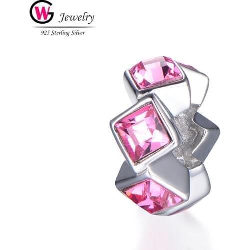 Pink Zircon CZ Charm Geometric Silver Beads Fit For Bracelet Real 925 Silver Women Jewelry Charm NEW Brand