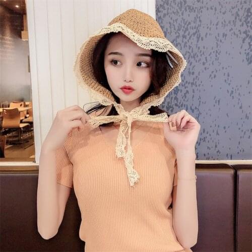 Korea Summer Hats For Women Straw Sun Hat Lady Girls Lace Ribbon Bow Panma Beach Hat Floppy Female Travel Folding Chapeu