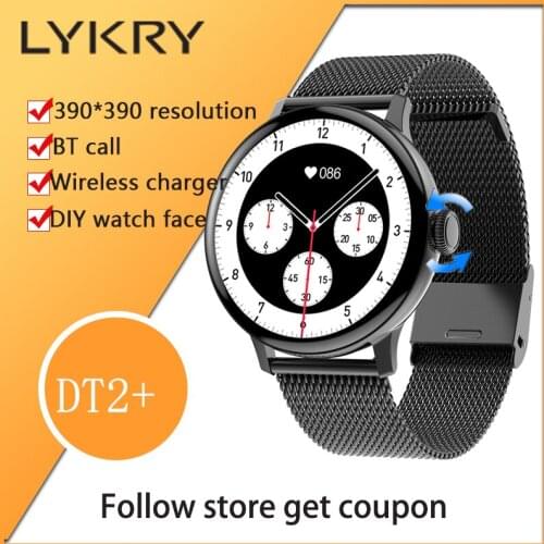 LYKRY DT2+ Smart Watch 1.19 inch Screen IP68 Waterproof Mens Watches Heart Rate Smartwatch Women Wireless Charger PK DT88 PRO