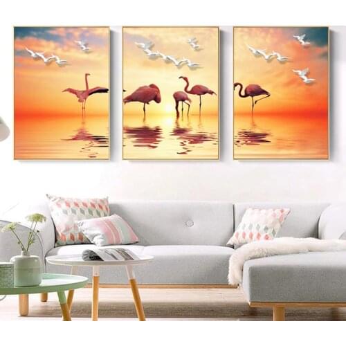 Modern Canvas Painting Home Decor Print Picture 3 Panel Flamingo And Seagull Sunset Seascape Poster Living Room Wall Art Picture