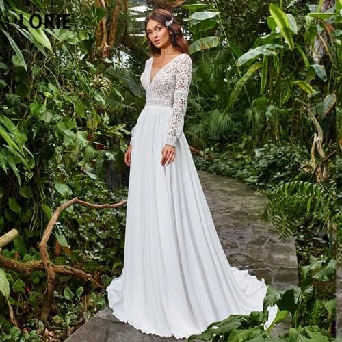LORIE Bohemian Wedding Dresses Lace V-Neck Chiffon Arabic Wedding Gowns Long Sleeves Backless Bridal Dress suknia ślubna