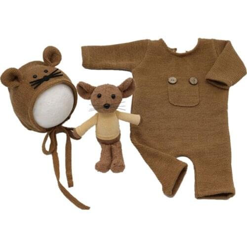 3 Pcs/set Newborn Photography Props Suit Knitted Cotton Jumpsuit Hat Mouse Doll Infant Photo Shooting Clothes Outfits