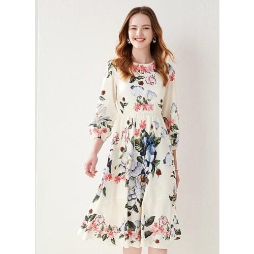 New Spring Autumn Women O-Neck Wrist Sleeve Slim Long Dress High Quality Court Style Flowers Print Vintage Runway Dress