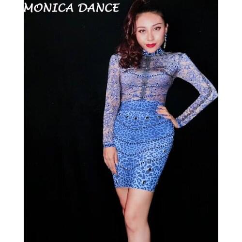 Women Blue Printed Stretch Rhinestones Dress Long Sleeves Outfit Birthday Party Wear Costume Womens Birthday Celebrate Dress
