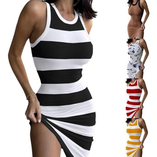 2021 New Female Dress, Girls Solid Color/ Striped Round Neck Sleeveless Sundress for Summer, S/M/L/XL