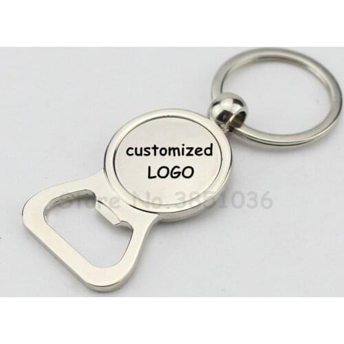 30pcs/lot Free Shipping Engraved Bottle Opener Keyring Personalized Wedding Favor Round metal alloy keyrings