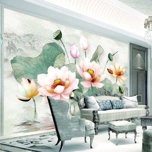 Chinese Style 3D Stereo Watercolor Lotus Mural Wallpaper Living Room TV Sofa Bedroom Backdrop Wall Home Decor Papel De Parede 3D