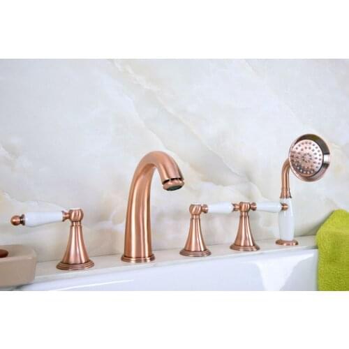 Antique Red Copper Brass Widespread Three Handles Deck Mounted 5 Holes Bathroom Tub Faucet Mixer Tap With Handshower mtf210