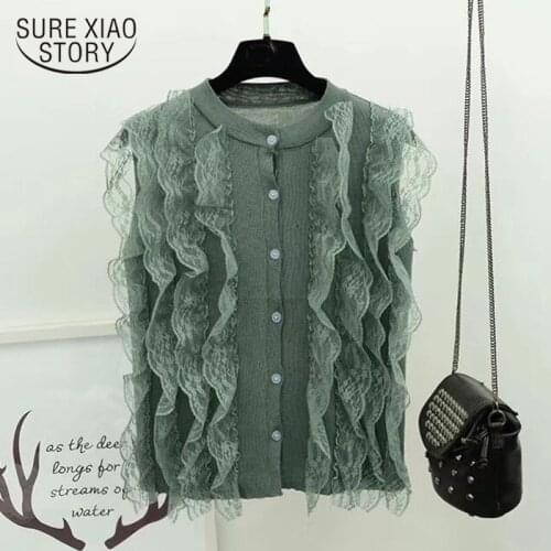 Camisas De Mujer 2021 Summer Thin Knitted Shirt Button Tops Women Blouse Lace Patchwork Sleeveless Womens Shirt Clothes 15197