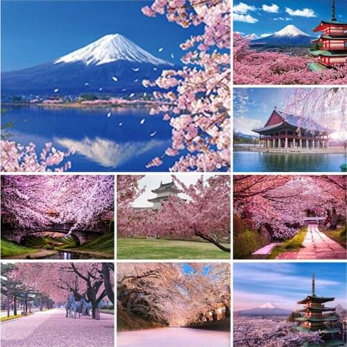 Full Square Round 5D Diamond Painting Cherry Blossoms Diamond Embroidery Landscape Japanese Picture of Rhinestones Home Decor