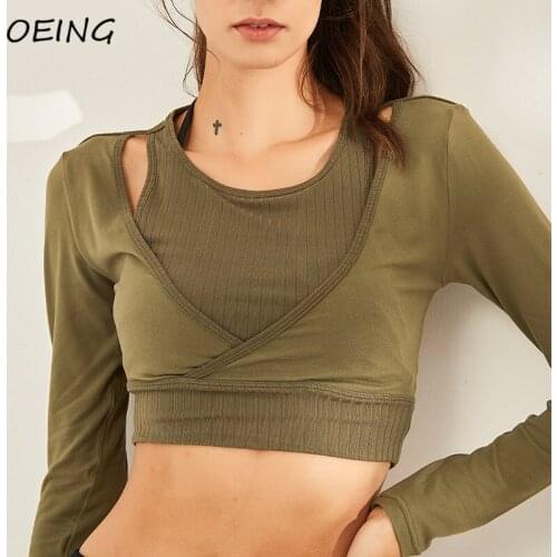 Fake 2PC Long Sleeve Jogging Shirts Women Yoga Gym Crop Top Patchwork Wortkout Dry Fit Activewear Tops