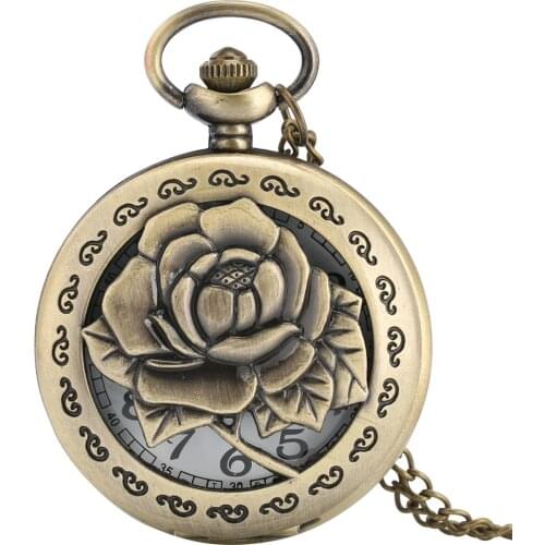 Retro Hollow Rose Flower Quartz Pocket Watch Hollow-out Case Necklace Chain Pendant Watch Analog Clock Gifts relojes de bolsillo