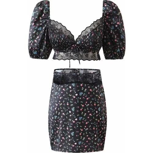 Summer Womens Sweet Lace Super short Top Tee Hip Chiffon Mini Skirt Suit Good Quality