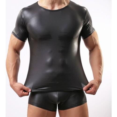 Mens Elastic Paint Leather T Shirts Men Sexy Fitness Tops Gay T-shirt Tees Mens stage O-Neck Sexy Men Casual Clothes