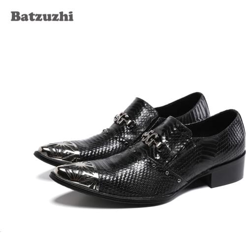Batzuzhi Fashion British Style Mens Shoes Pointed Metal Toe Black Genuine Leather Dress Shoes Men Business Oxfords, Big 38-46