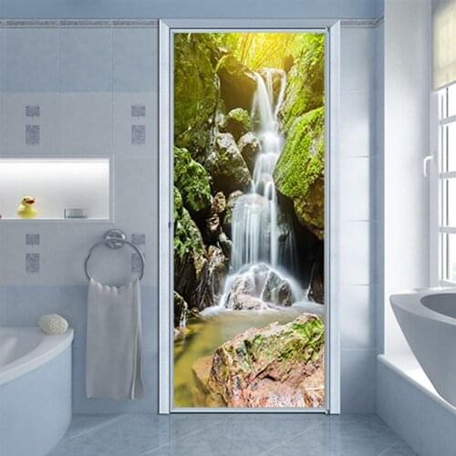 PVC Wallpaper Door Sticker 3D Landscape Rock Waterfall Poster Home Design Decor Mural Self Adhesive DIY Wall Decals 2pcs/Set