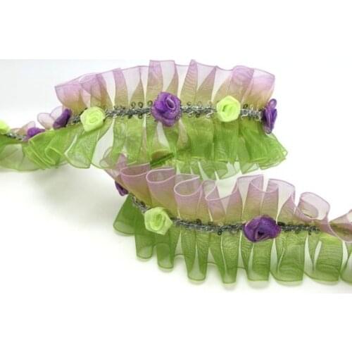 Pleated Trim|w Rococo Flower Trim|1 1/2 Inches Pleated Ombre Printed Chiffon Trim|Organza Chiffon Trim|Retro Handmade Supplies