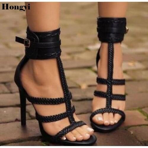 Hongyi Sexy PU Leather Women Sandals Thin High Heels 11 CM Gladiator Bandage Cross Tied Fashion Summer Party Femme Shoes