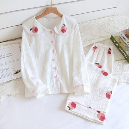 Crepe Doll Collar Cute Pyama Woman Washed Cotton Yarn Long-sleeved Nine-point Pants Girl Home Suit Vitality and Youth Sleep Wear