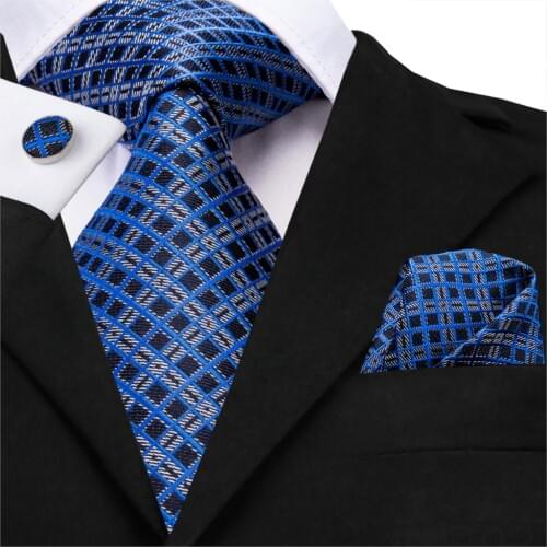 Blue Ties for Men Silk Plaid Tie Black Checked Necktie Set Cufflinks for Wedding Business Tie 150cm Hi-Tie SN-3531 Dropshipping