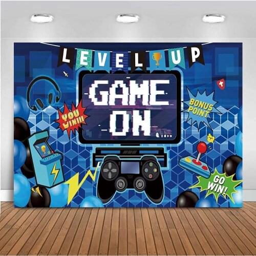 Blue Gaming Room Boy Birthday Party Backdrops Banner Decor Game On Level Up Champion Win Toy Story Photo Background Vinyl Poster