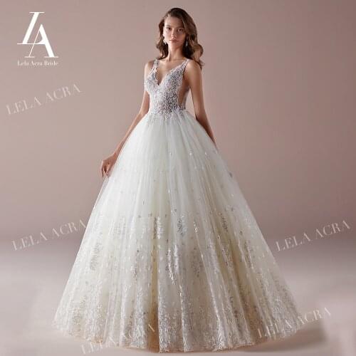 Brilliant Crystal Appliques Wedding Dress Fashion V-neck Backless A-Line Princess Train Lela Acra NZ78 Bride Vestido De Noiva