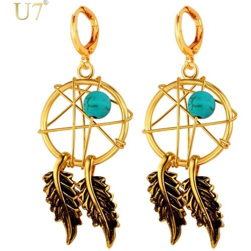U7 New Hot India Jewelry Tassel Feather Earings Yellow Gold Color Dream Cather Statement Drop Earrings For Women E760