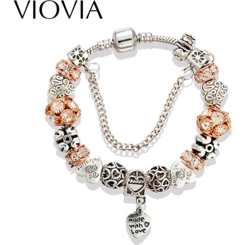 VIOVIA Fashion Jewelry Crystal Beads Bracelet & Bangles Love Heart Charm Bracelets for Women Bijoux Gift B15167