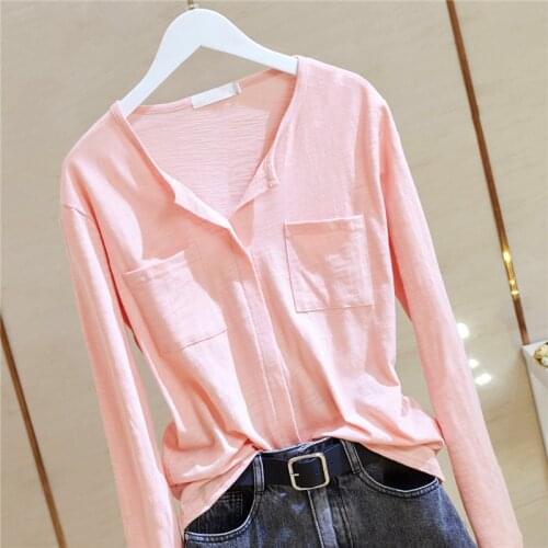 Gkfnmt 2021 Cotton T Shirt Long Sleeve Pocket Shirt Women T-Shirt Korean Clothes Tshirt Woman Clothing Tee Shirt Femme Plus Size