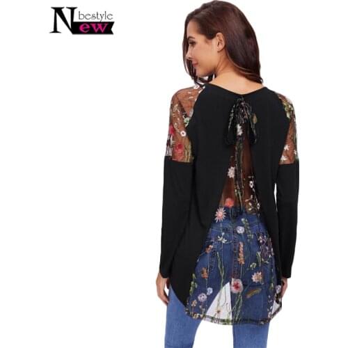 Newbestyle Women Lace Shoulder Bow Overlap Back Tee Long Sleeve T Shirt Women Black 2019 New Fashion Autumn Womens Sexy T-shirt