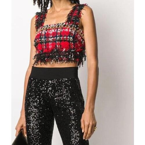 HIGH STREET Newest Fashion 2021 Designer Tops Womens Sequined Tassel Fringe Plaid Tweed Camis