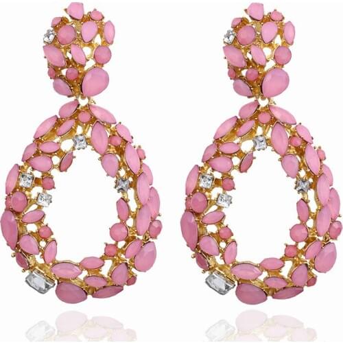 Romantic Pink Blue Green Crystal Water Drop Dangle Earrings For Women Jewelry Gold Color Metal Big Earrings Pendientes 2019