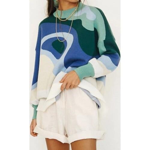 Ladies Fashion O Neck Print Autumn Winter Sweater Women Loose Casual Long Sleeve Y2K Pullover Women Sweater Jumper Tops Female