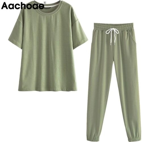 Aachoae Summer Casual 2 Piece Set Women O Neck Batwing Sleeve Loose Basic Tshirt Sports Full Length Pencil Pants Lady Sets